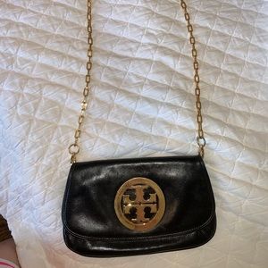 Tory Burch Black Leather Gold Logo Crossbody Bag